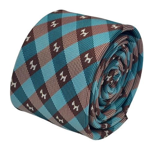 turquoise  and brown plaid gingham tie with Scottish Terrier design.