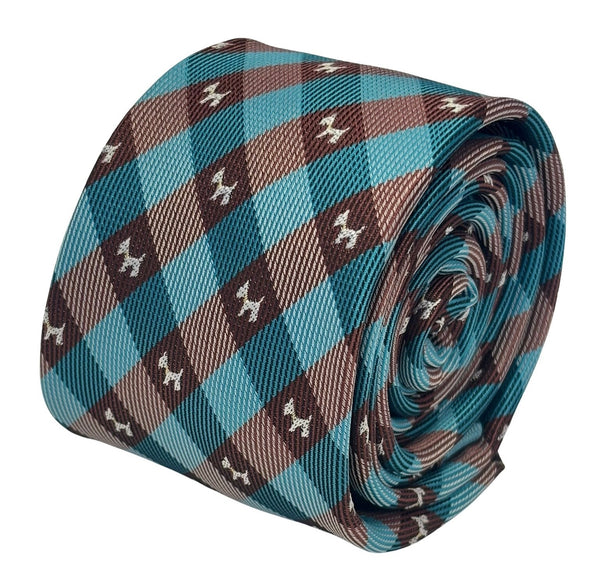 turquoise  and brown plaid gingham tie with Scottish Terrier design.