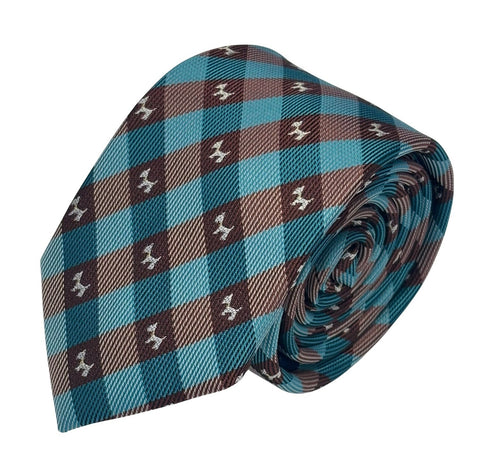 turquoise  and brown plaid gingham tie with Scottish Terrier design.