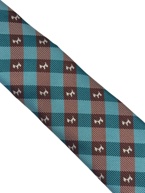 turquoise  and brown plaid gingham tie with Scottish Terrier design.