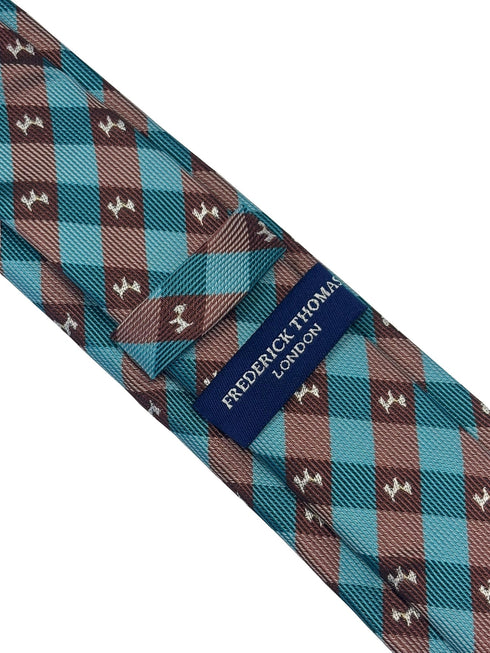 turquoise  and brown plaid gingham tie with Scottish Terrier design.