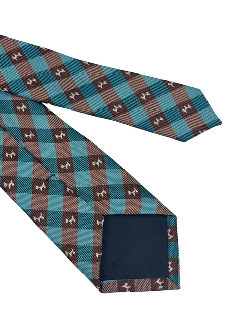 turquoise  and brown plaid gingham tie with Scottish Terrier design.