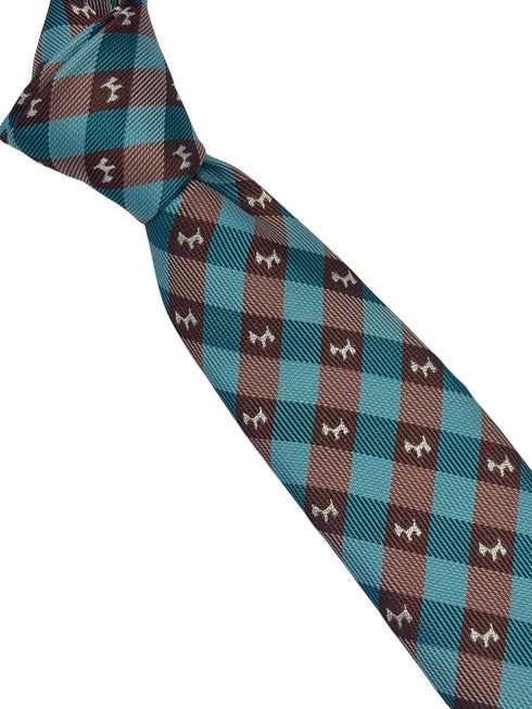 turquoise  and brown plaid gingham tie with Scottish Terrier design.