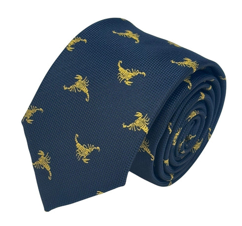 navy dark blue tie with gold scorpion embroidered design