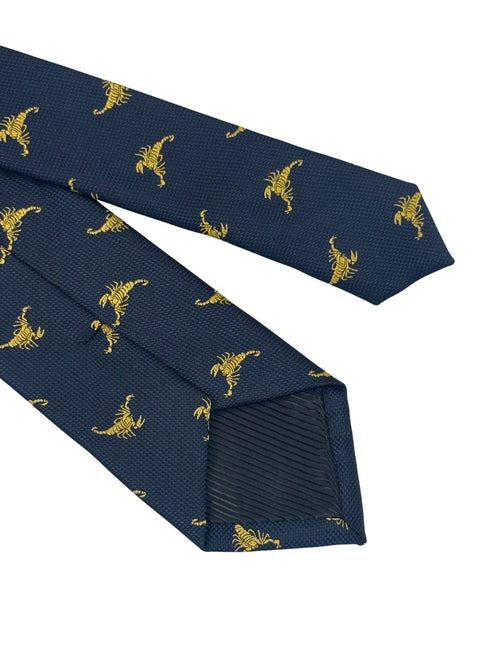 navy dark blue tie with gold scorpion embroidered design