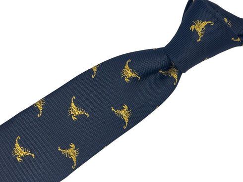 navy dark blue tie with gold scorpion embroidered design