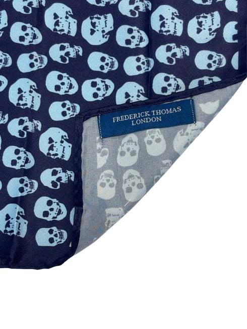 navy pocket square with light blue skulls design