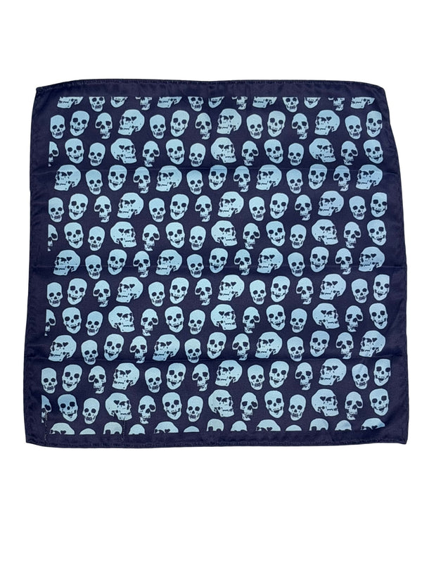 navy pocket square with light blue skulls design