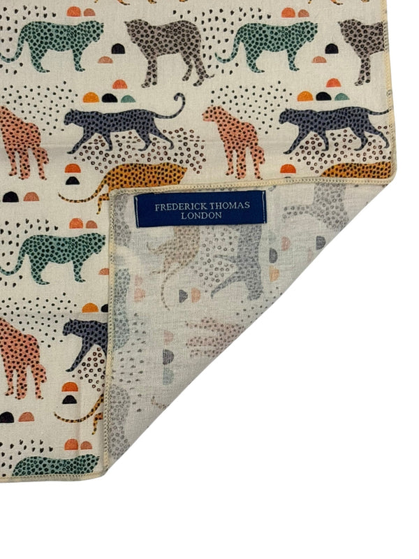 cream cotton pocket square with jungle cheetah design