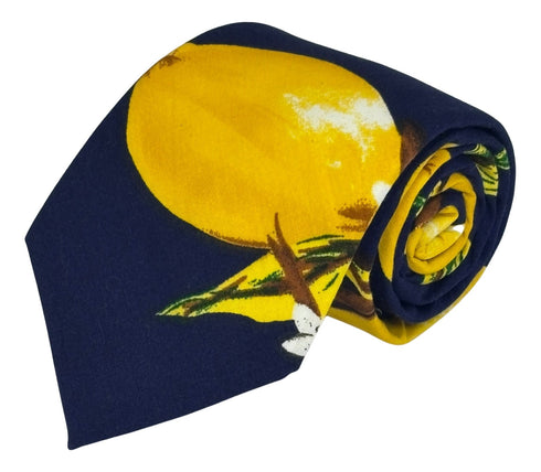 Navy cotton tie with yellow lemon design