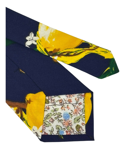 Navy cotton tie with yellow lemon design