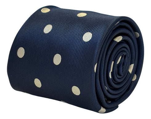 navy dark blue tie with ivory cream polka spots