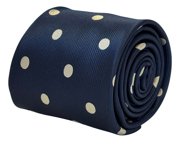navy dark blue tie with ivory cream polka spots