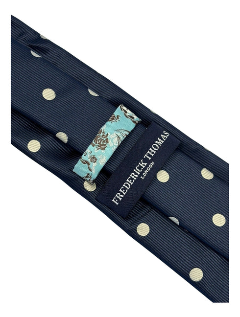 navy dark blue tie with ivory cream polka spots