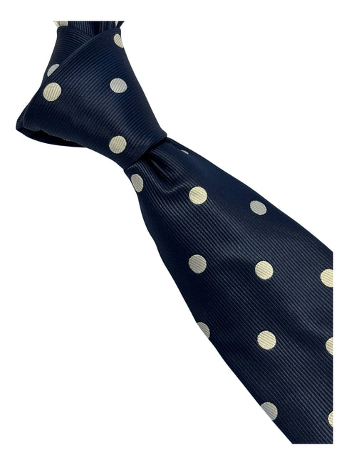 navy dark blue tie with ivory cream polka spots