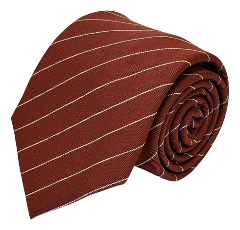 Terracotta brown cotton tie with fine white stripes