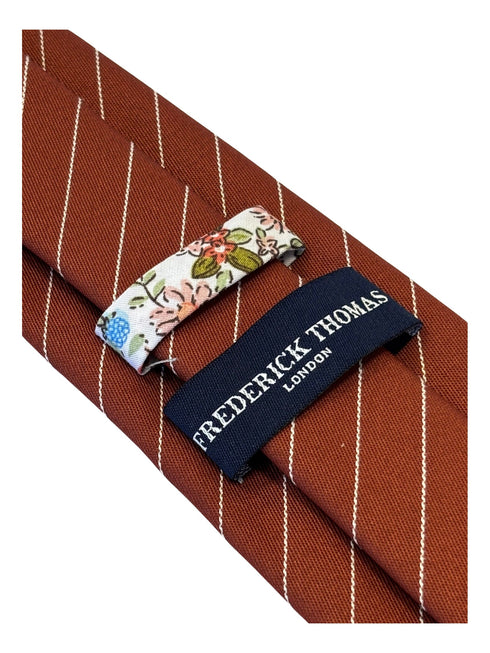 Terracotta brown cotton tie with fine white stripes