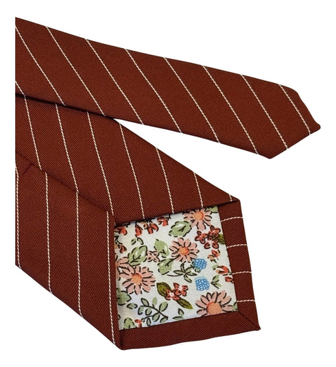 Terracotta brown cotton tie with fine white stripes