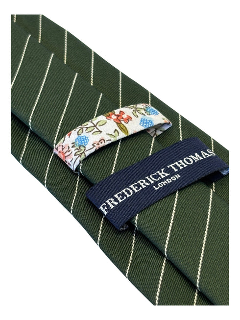 dark green cotton tie with thin white stripes