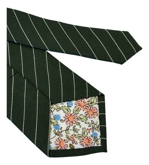 dark green cotton tie with thin white stripes