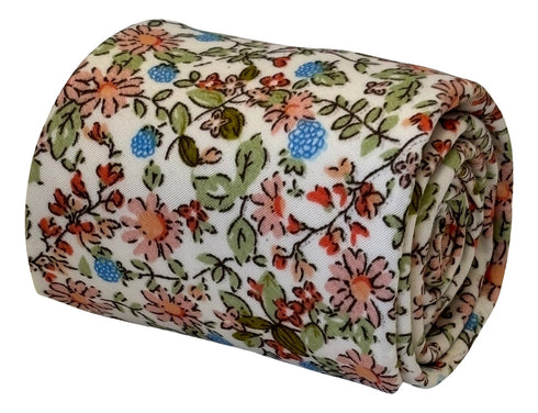 pink ivory floral mens cotton tie classic 8cm width english wildflower garden