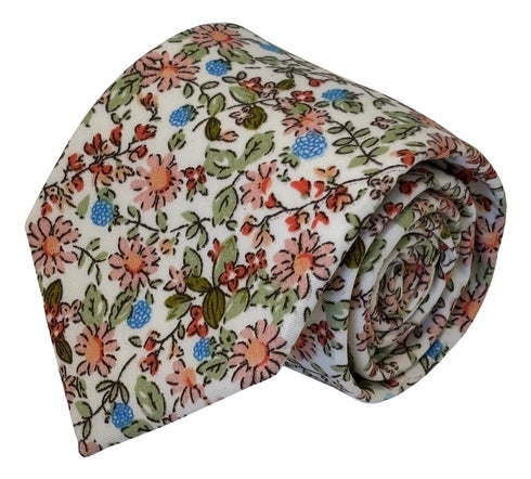 pink ivory floral mens cotton tie classic 8cm width english wildflower garden