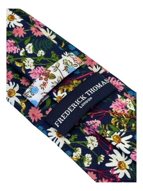 dark blue navy & pink floral mens cotton tie classic 8cm width english wildflower garden