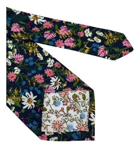 dark blue navy & pink floral mens cotton tie classic 8cm width english wildflower garden
