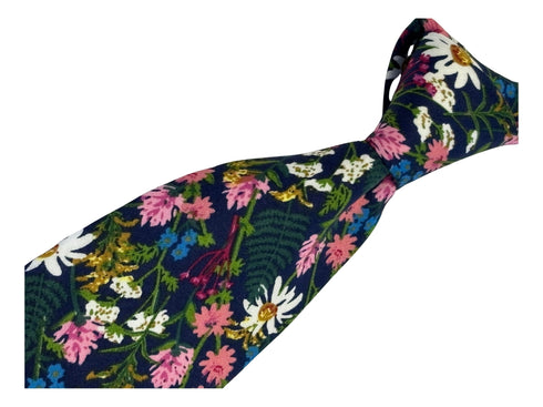 dark blue navy & pink floral mens cotton tie classic 8cm width english wildflower garden