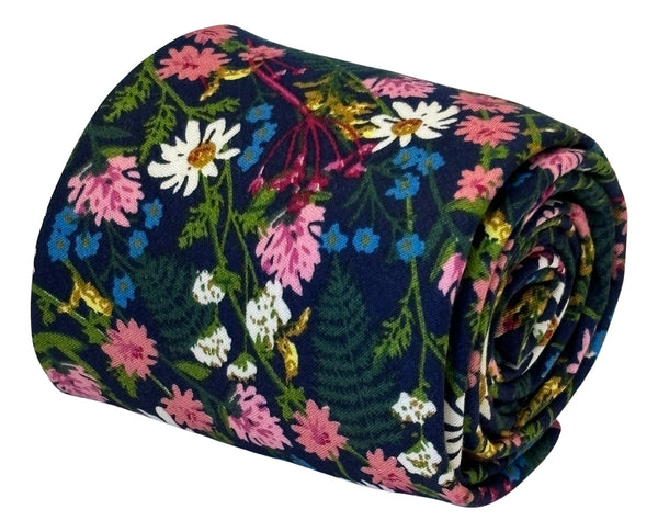dark blue navy & pink floral mens cotton tie classic 8cm width english wildflower garden
