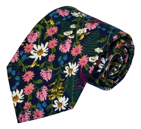 dark blue navy & pink floral mens cotton tie classic 8cm width english wildflower garden