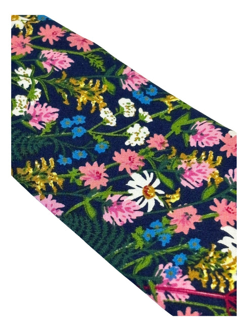 dark blue navy & pink floral mens cotton tie classic 8cm width english wildflower garden