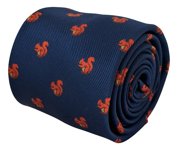 navy blue tie with red squirrel design