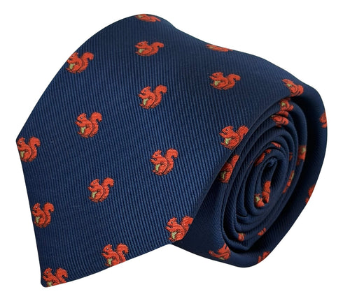 navy blue tie with red squirrel design