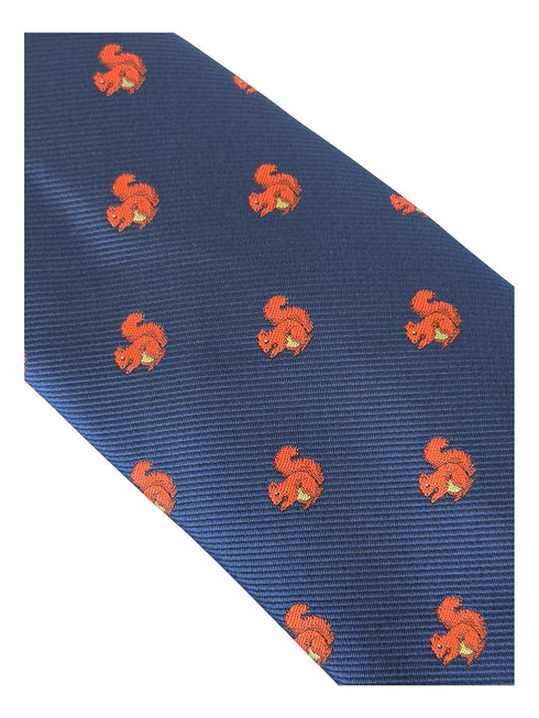 navy blue tie with red squirrel design
