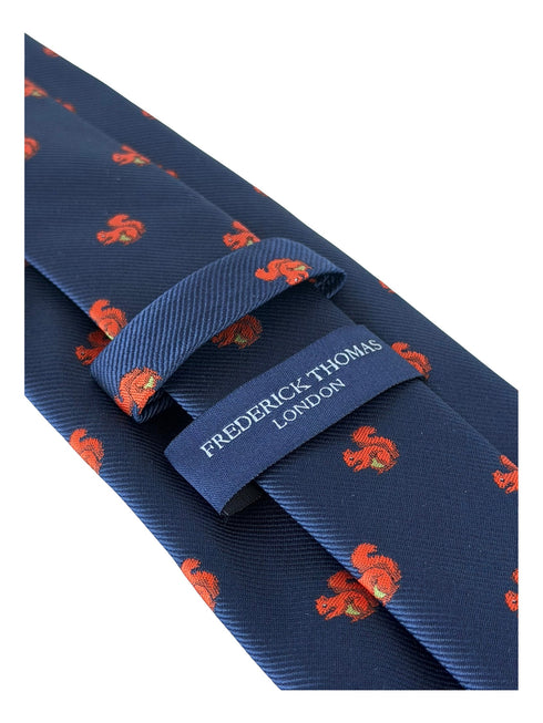 navy blue tie with red squirrel design