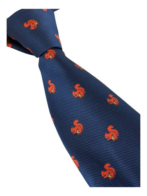 navy blue tie with red squirrel design