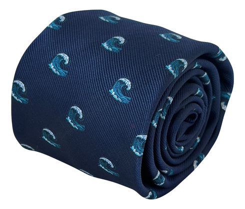 navy blue tie with kanagawa wave design