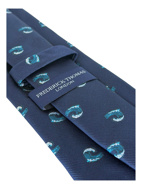 navy blue tie with kanagawa wave design