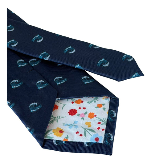 navy blue tie with kanagawa wave design