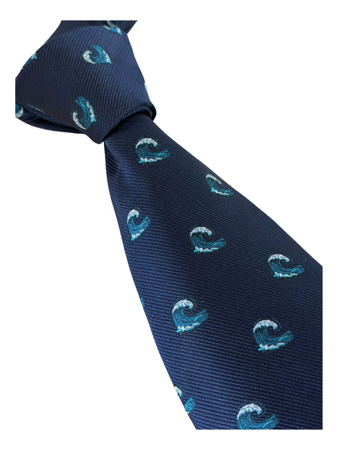 navy blue tie with kanagawa wave design
