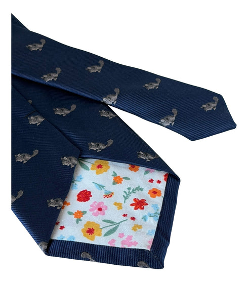 navy blue mens tie with chinchilla design