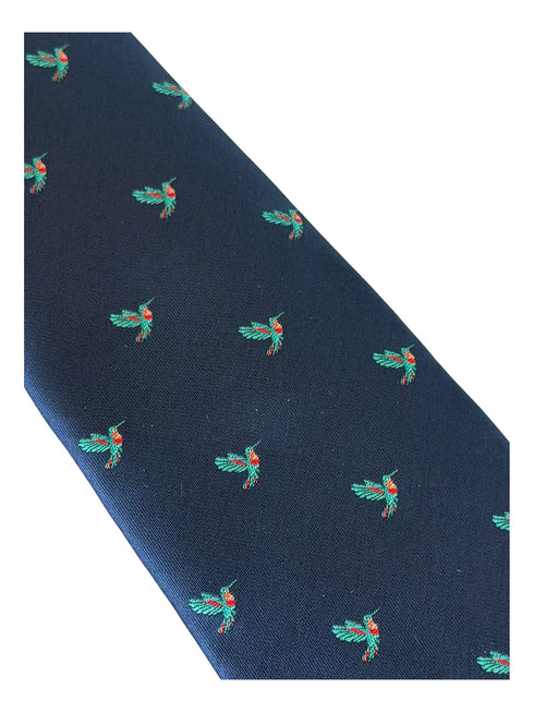 Navy tie with humming bird design
