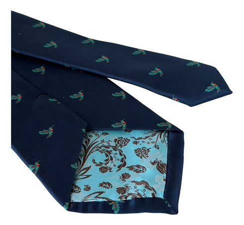 Navy tie with humming bird design