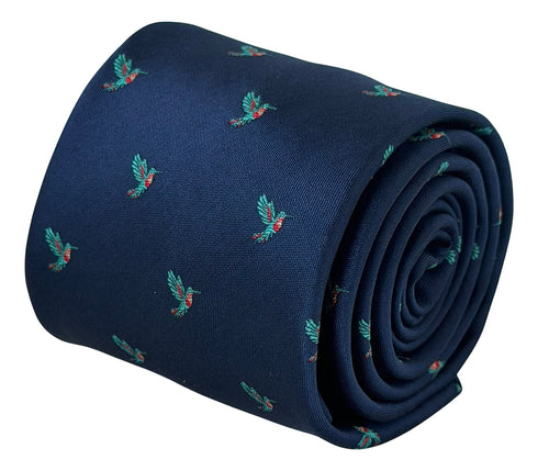 Navy tie with humming bird design