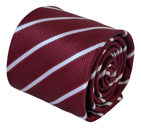 maroon tie with herringbone design and white stripes
