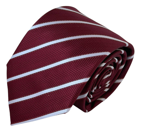maroon tie with herringbone design and white stripes
