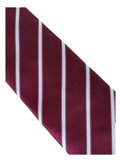 maroon tie with herringbone design and white stripes