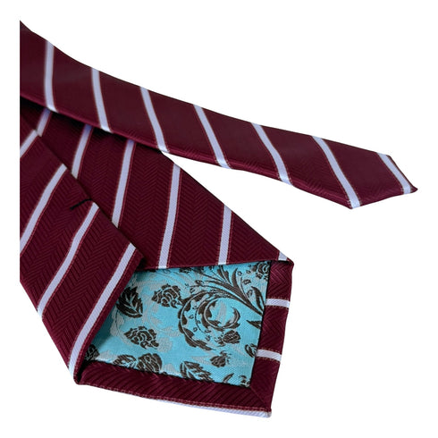 maroon tie with herringbone design and white stripes