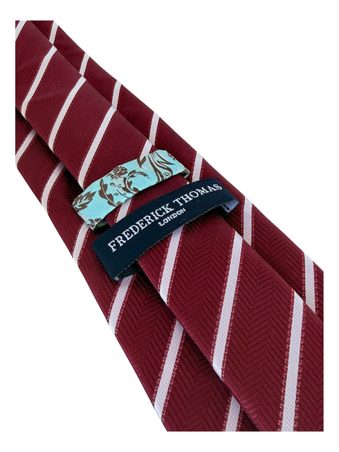 maroon tie with herringbone design and white stripes
